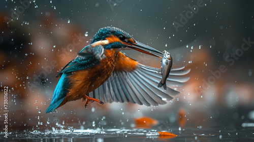 Illustration of a kingfisher in the wild, with open wings and a symmetrical body, touching the water in a wild pond. Kingfishers hunt for fish. Unusual background, and beautiful nature.