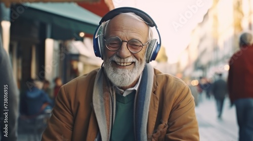 Senior man on the street. Elderly cool man listening to music outdoors, having fun. Concept of old man young at heart.