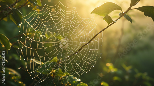 A spiderweb adorned with morning dew in a sunlit glade