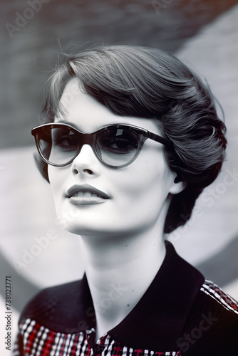 Classic retro fashion portrait of woman with short hair and sunglasses 