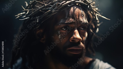 Portrait of black Jesus Christ with crown of thorns on his head.