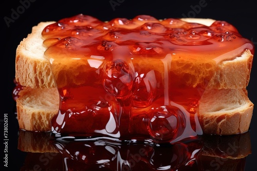 Melted strawberry jam on toast on black background