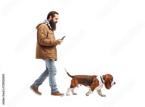 Full length profile shot of a bearded guy using a mobile phone and walking a basset hound dog