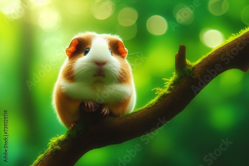 Close-up of a chubby little Guinea Pig standing on a tall tree branch