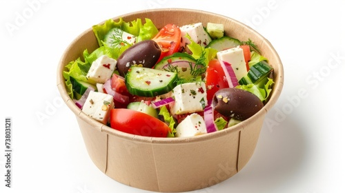Greek salad in paper bowl for take away, isolated on white background, top view