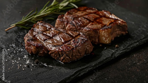 Hot Grilled Whole Denver Steak on Black Stone Background. Fresh Juicy Medium Rare Beef Grillsteak. Barbecue Meat Close Up