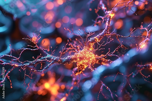 Abstract illustration of brain cells transmitting impulse and glowing bright orange on a dark blurred background