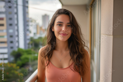 Smiling young brazilian woman with wavy hair on a balcony with a cityscape backdrop, wearing a salmon tank top.