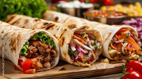 Street Food Shawarma and Doner Kebab with Meat and Fresh Vegetables