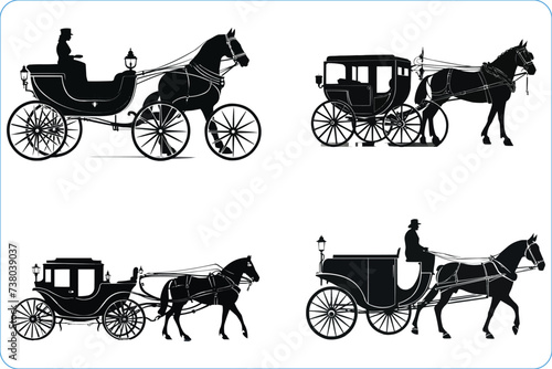 Silhouettes of carriage and horse, Carriage Silhouettes, black silhouettes of carriage and horse isolated on a white background