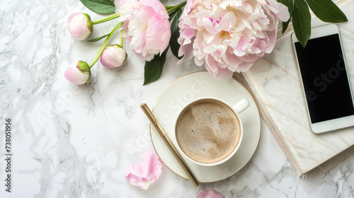 A cup of coffee, a telephone, a ballpoint pen, and a Peony flower lie on a white marble table