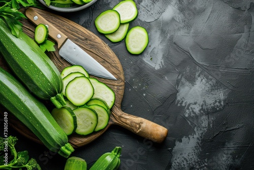 top view of a wooden cutting board with a kitchen knife and a chopped zucchini on top 