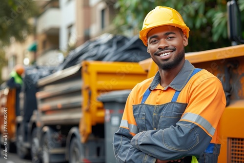 Smiling man in hi-vis workwear and helmet stands before orange waste collection trucks