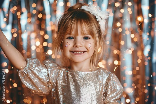 A happy child with face paint and glittering accessories celebrates with a sparkling festive background