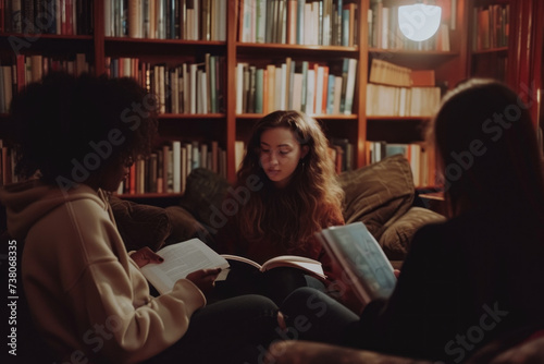 Intimate Book Club Discussion Amongst Friends in a Home Library