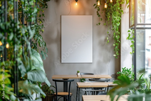 Blank white vertical billboard on wall in cafe interior, inside advertising poster, mock up