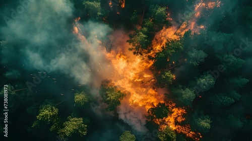 Vivid aerial view of a forest fire amidst lush greenery. capturing nature's contrast and battle. environmental issues showcased. AI