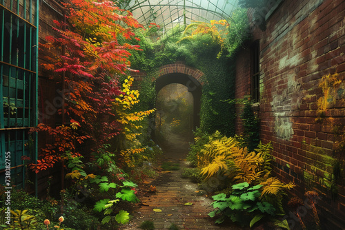 A secret garden hidden within a dilapidated urban environment where plants grow in vibrant colors and take on unusual shapes
