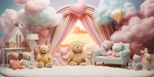 Charming Bedroom Decoration Pink Teddy Bear Relaxing with Floating Balloons