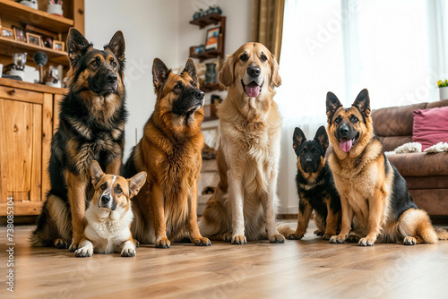 A pack of majestic german shepherds lounging on a rustic wooden floor, showcasing their innate loyalty and domesticated charm as cherished pets