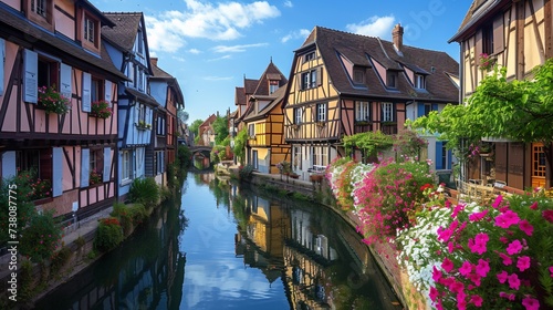 France. Small waterway and classic timber-framed homes.