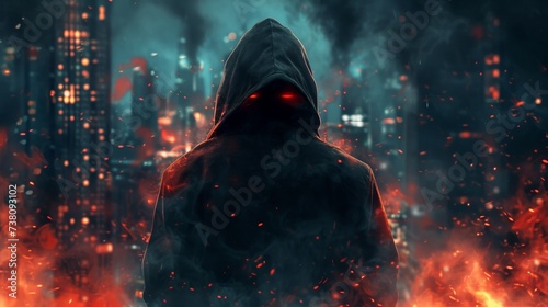 Man in a dark hood with a hood on his head against the backdrop of a burning oil refinery