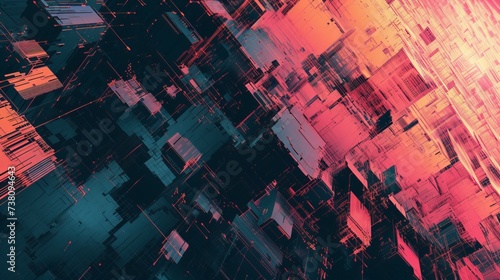 Futuristic abstract background with glowing squares in pink and blue colors