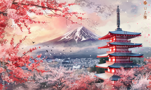 Watercolor Chureito Pagoda with Fuji Mountain Background in Sakura Spring Festival at Sunset, Fujiyoshida, Yamanashi, Japan