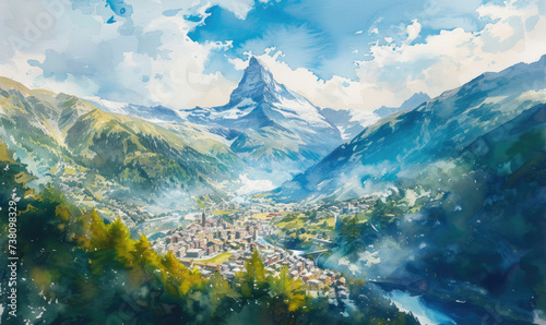 Watercolor Zermatt town and Matterhorn mountain aerial panoramic view in the Valais canton of Switzerland