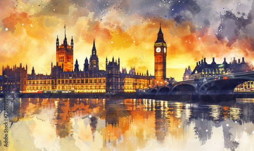 Watercolor London cityscape with Houses of Parliament and Big Ben tower at sunset, UK
