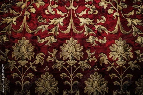 Red and gold vintage brocade fabric texture.
