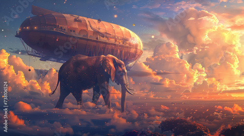 Blimp with an elephant set against a dreamy backdrop of clouds and stars