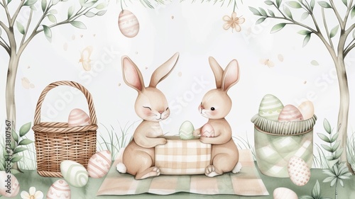 Cute easter bunny, set of rabbit painting an easter egg. Hand painting isolated illustration for design. Cute farm animals 