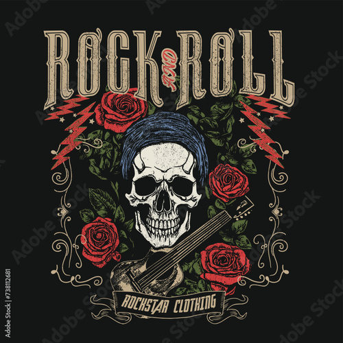 Rock n roll symbol .vector design for tee print with roses and skull