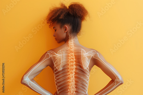 Neck and lumbar pain, intervertebral spine hernia, African black woman with back pain on a yellow background, spinal disc disease, health problems concept