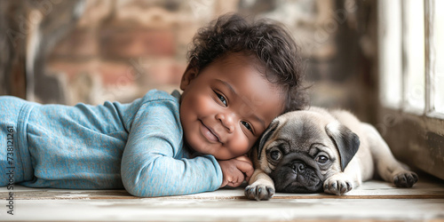 A little cute black baby in blue pajamas is lying in the room with his cute pug puppy. Best friends. Children's interactions with pets