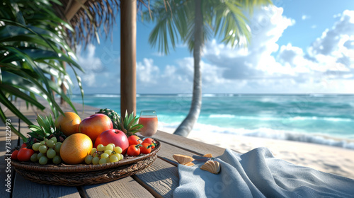 A fruit plate on the beach with palm trees and the sea in the background