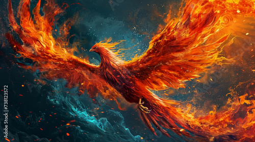 A burning phoenix bird in flight with outstretched wings