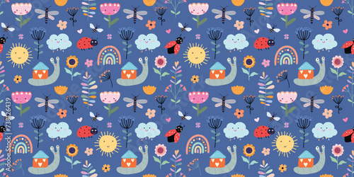 Childish seamless pattern with snails, ladybirds and rainbows, decorative wallpaper, spring summer design, kids ornamental backgrounds