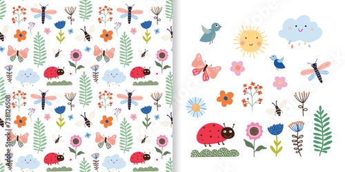 Childish spring and summer set with seamless pattern and cute elements isolated on white, decorative wallpaper, kids ornamental backgrounds
