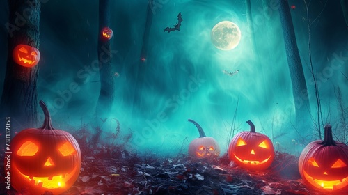 Halloween pumpkins in a spooky forest with a full moon