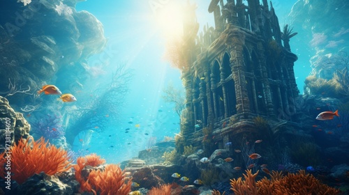 An enchanting underwater world with colorful coral reefs, a school of exotic fish, and a sunken shipwreck in the background, the scene is bathed in the warm, inviting glow of the sunlig