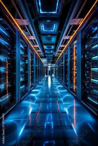 Futuristic server room with blue and orange lights