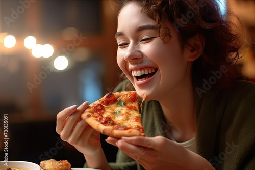 A woman smiles while eating a slice of pizza