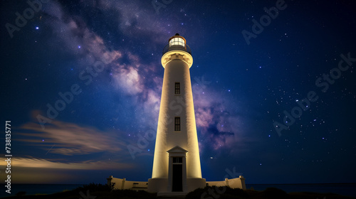 Lighthouse at twilight with the Milky Way galaxy visible in the night sky, blending the marvels of human engineering with the natural wonder of the cosmos