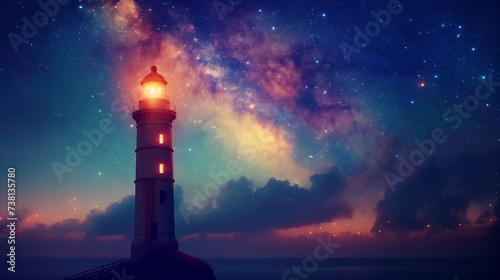 Lighthouse at twilight with the Milky Way galaxy visible in the night sky, blending the marvels of human engineering with the natural wonder of the cosmos