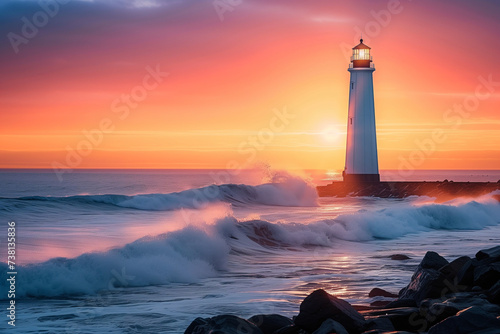 Majestic lighthouse standing tall on a rocky coastline, waves crashing against the shore