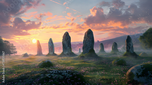 Mystical standing stones on a windswept moor,, A landscape of stonehenge with a cloudy sky in the background