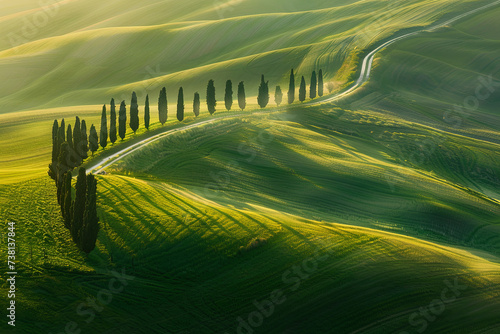Italian cypress trees rows and a white road rural landscape. Siena, Tuscany, Italy