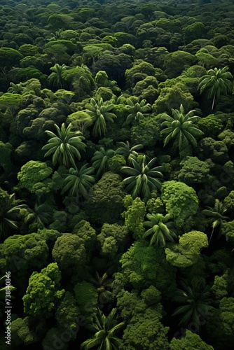 A lush green rainforest canopy with a dense understory of vegetation